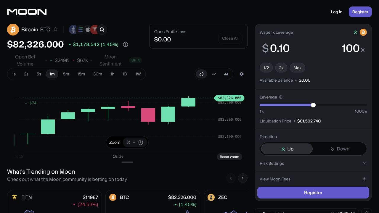 Moon.com screenshot showing a Bitcoin candlestick chart alongside wager, leverage and Up or Down controls.